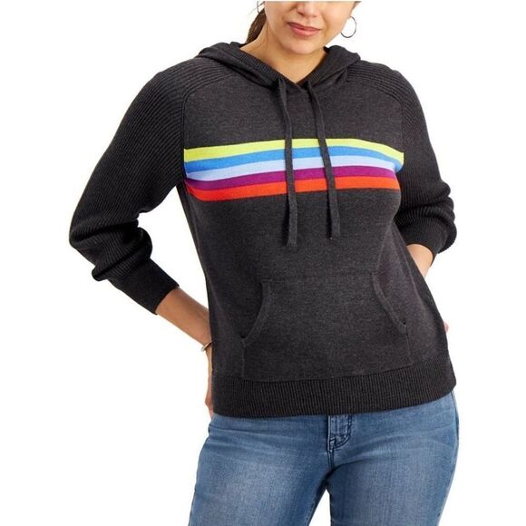 Style & Co Petite Striped Hoodie Charcoal Heather Combo PS - Picture 1 of 2